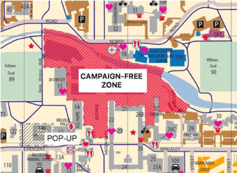 map of the ANU election campaigning exclusion zone